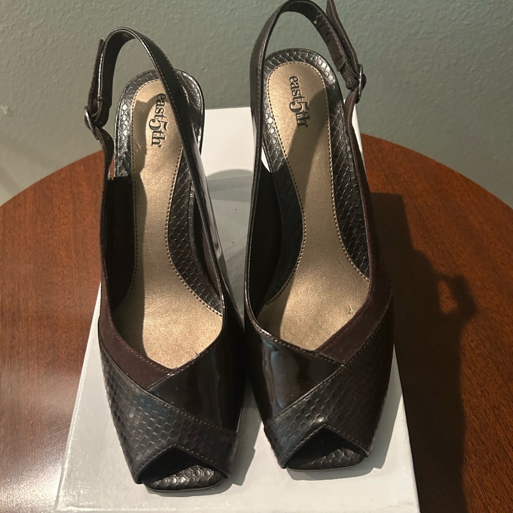 Off The 5th Chloe Brown Elegant Slingback Heels open Toe